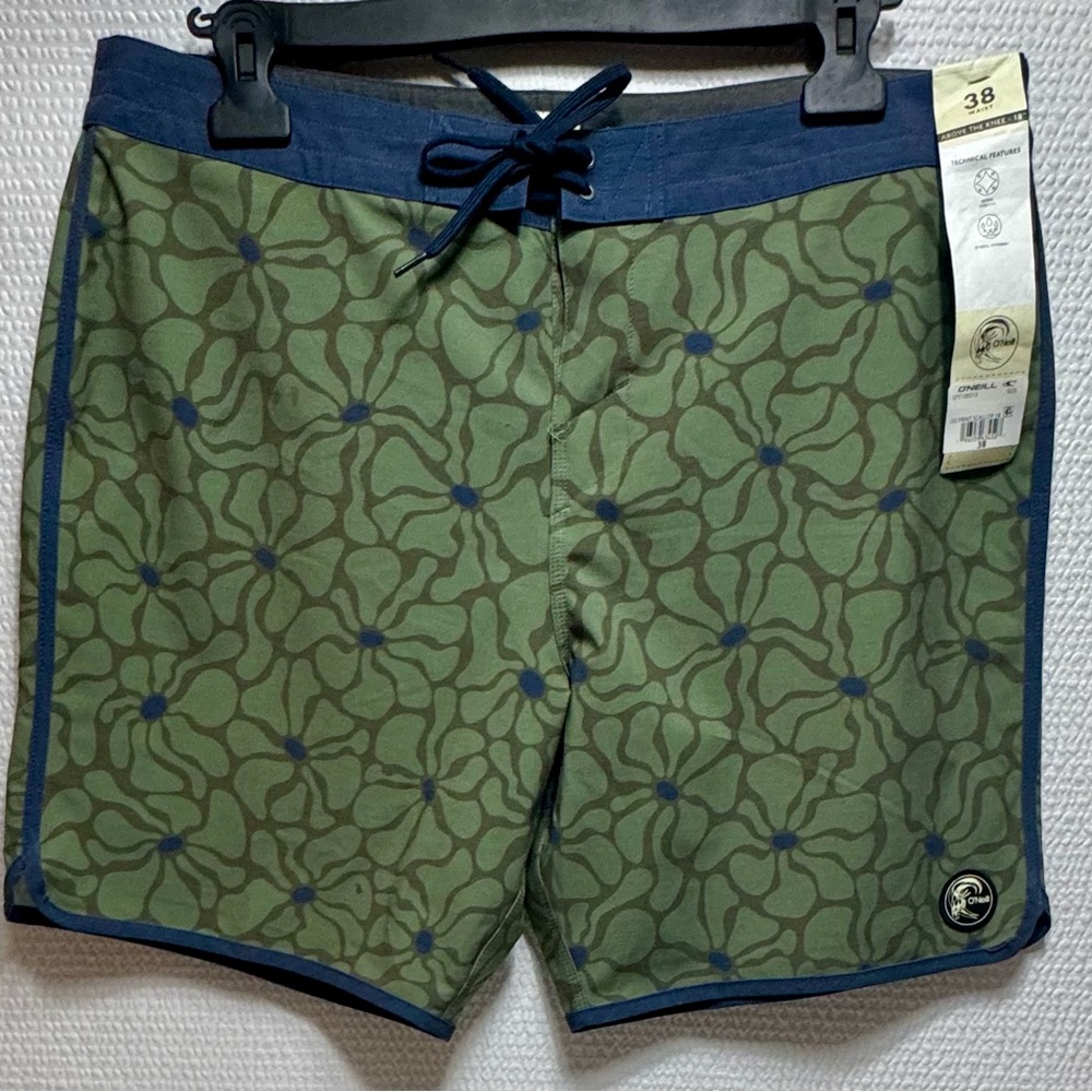 O'Neill Olive Green Floral-Print Swim Board Shorts with Navy Trim